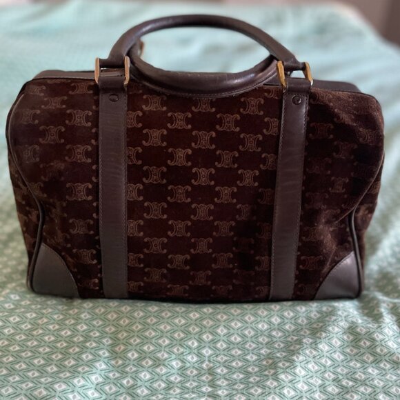 CELINE VINTAGE BOSTON BAG BROWN SUEDE WITH LOGO PRINT - Picture 3 of 7